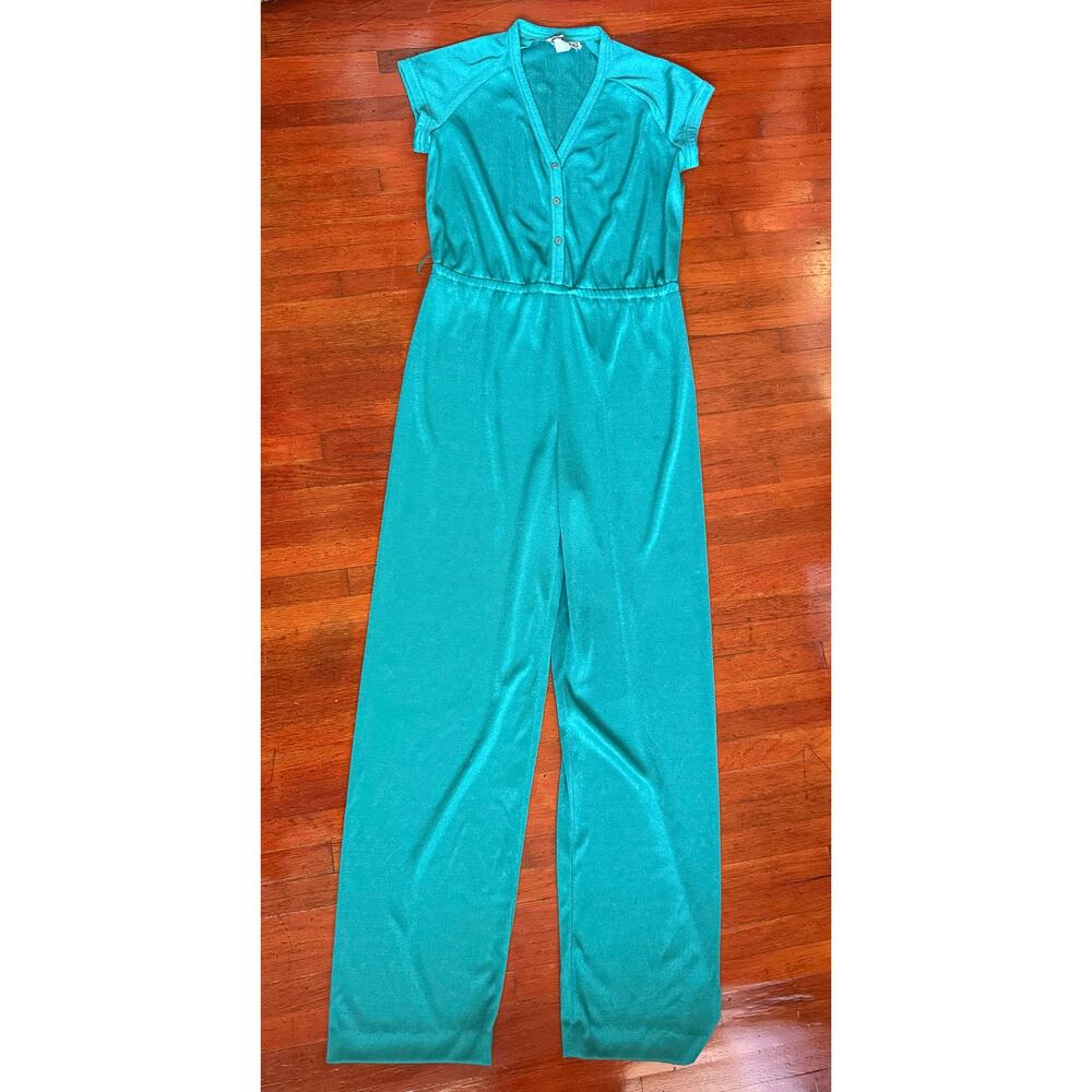 Vintage 70’s Infinity Teal Green High Waist Jump Suit Med Large One Piece Disco